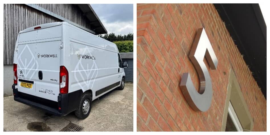 A collage of the vehicle graphics and exterior signage.